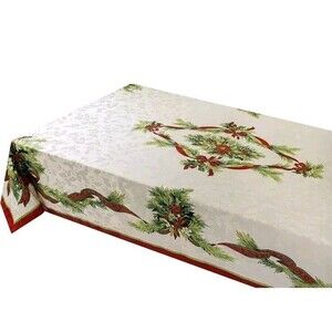 Christmas Ribbons Benson Mills Winter Printed Fabric Table Cloth 60x104 Holidays